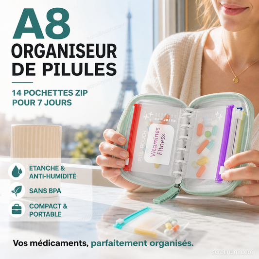 💊 Organisateur de Médicaments A8 Étanche – 14 Grandes Pochettes Zippées pour Classeur A8