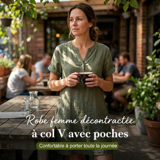 🍂🌸 OFFRE LIMITÉE 50% DE RÉDUCTION! Robe Tunique Indispensable à Col V avec Poches – Mélange de Coton Doux, Facile d’Entretien, Poches des Deux Côtés – Un Basique de Garde-Robe pour Printemps, Été et Superposition en Automne 🧥🧣