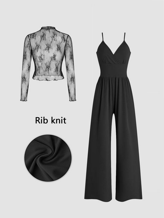 👍 Letzter Tag: 60 % Rabatt 💘 Zweiteiliges Set für Damen: Spitzen-Top und Jumpsuit mit Taschen