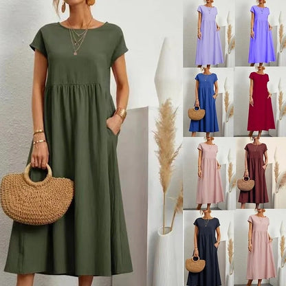 💝Robe en coton sans manches à poches de couleur unie