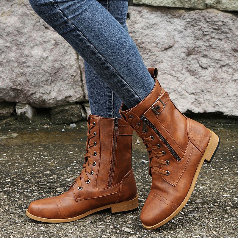 Bottes Mi-mollet Pour Femme En Cuir Synthétique - Fermeture éclair Latérale - Talon Bas Imperméable - Style Combat/équitation - Taille 36 à 43