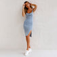 ✨ Robe Camisole Moulante en Denim – Bretelles Réglables, Col U & Fente Sexy 🔥👗