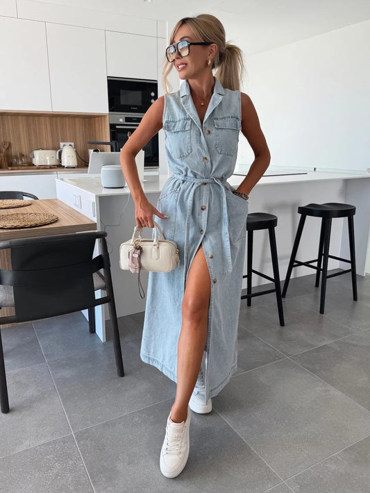 🔥2025 NOUVELLES VENTES 50% DE RÉDUCTION💥Robe en denim solide à poches boutonnées