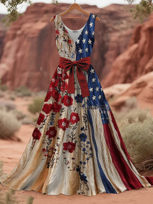 Robe Maxi en Coton à Imprimé Art Floral Rétro, Décolleté en V et Sans Manches