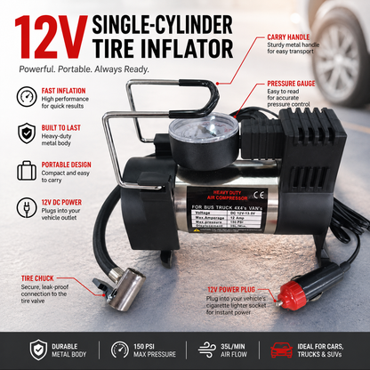 🚗50 % DE RÉDUCTION ! Compresseur d'air automobile monocylindre ultra-résistant – Gonfleur de pneus portable 12 V avec manomètre, pompe à air à gonflage rapide pour voitures, camions et SUV, à utiliser en cas d'urgence