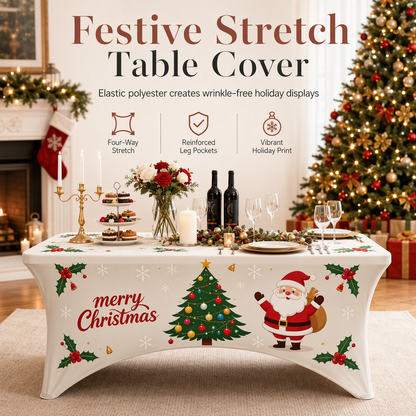 Nappe de Noël extensible et ajustée pour tables rectangulaires