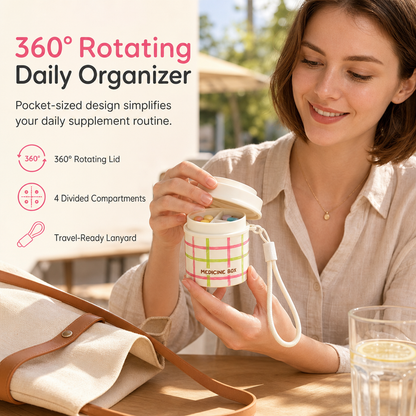 🔥PROMO 50% ! Boîte à pilules rotative 360° 💊 Compartiments multiples, rangement pratique, transport facile pour vos médicaments ✨