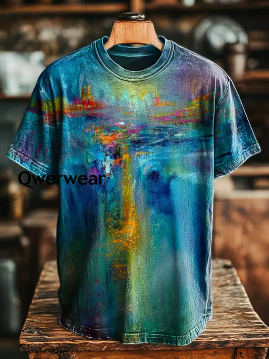 T-shirt décontracté ample unisex à motif peinture abstraite cascade vintage