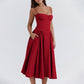 Robe Midi à Bretelles Spaghetti et Corset Plissé avec Pochette